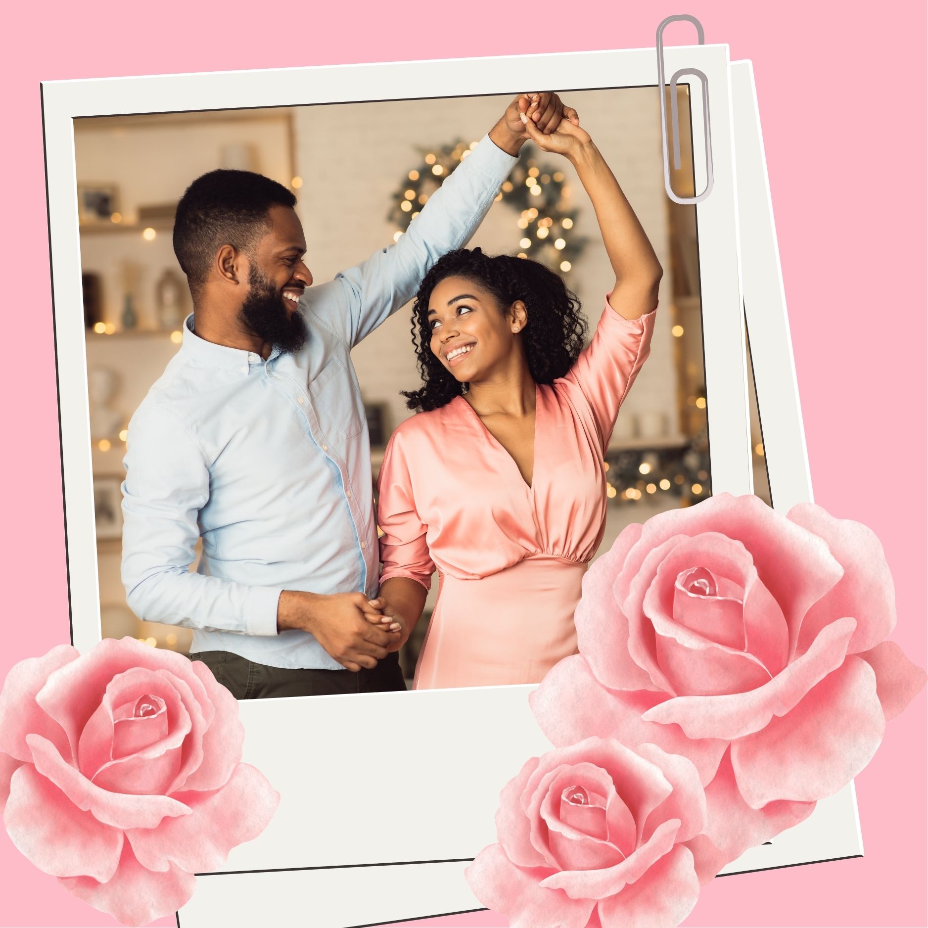 Photograph of couple dancing in the home with big pink flowers in front